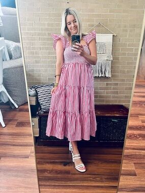 Sleeveless Red & White Striped Smocked Midi Dress